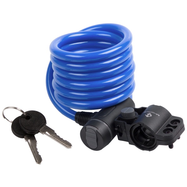 a bike lock with a blue tube and keys
