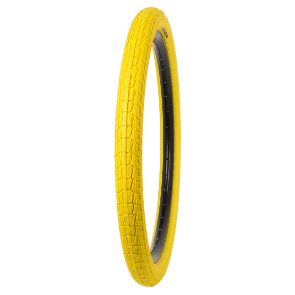 a yellow tire with a black rim