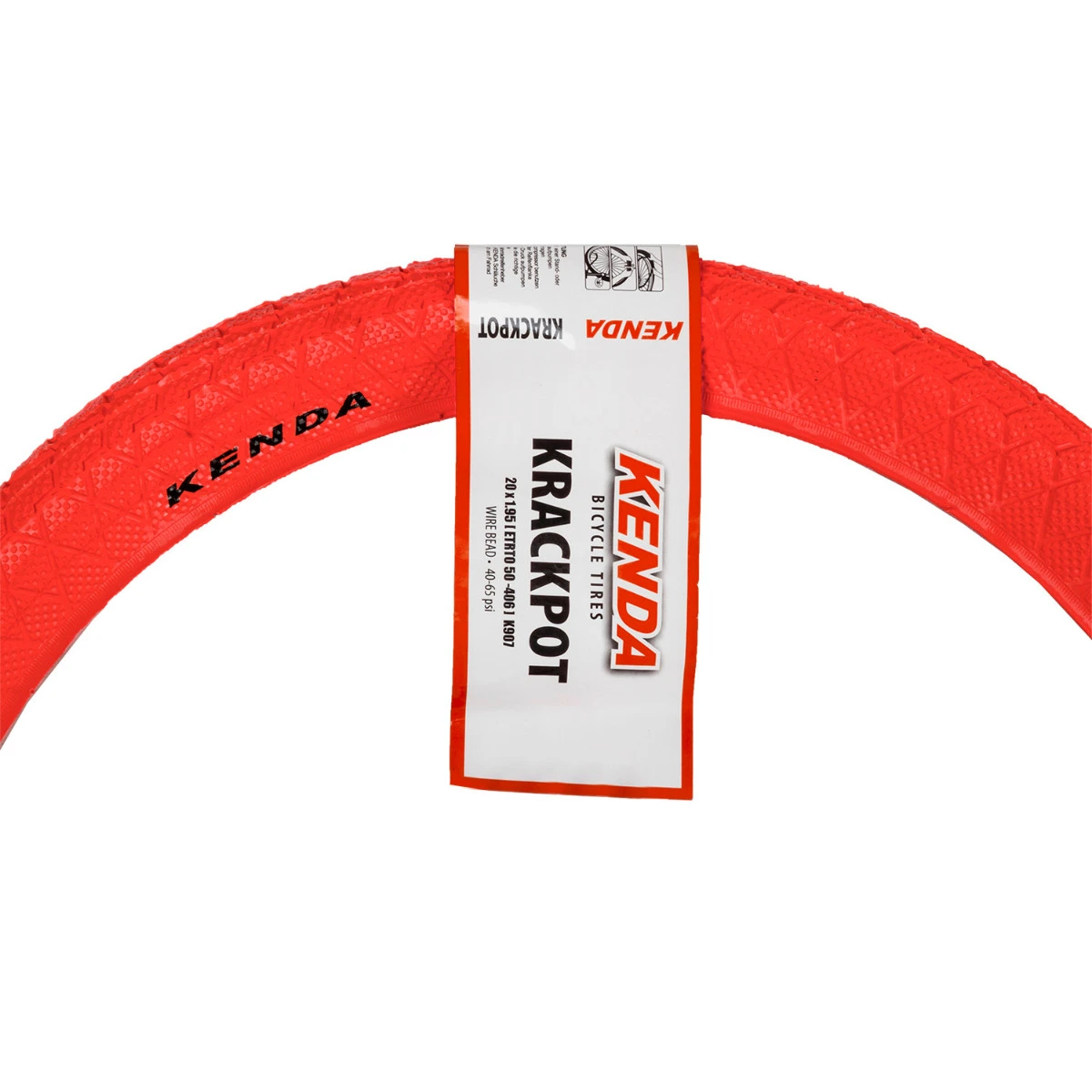a red tire with a white label