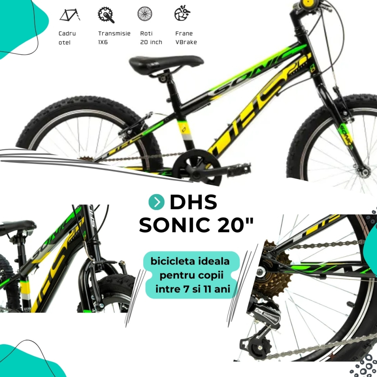 Bicicleta Copii DHS Sonic - 20 Inch, Negru - imagine 4