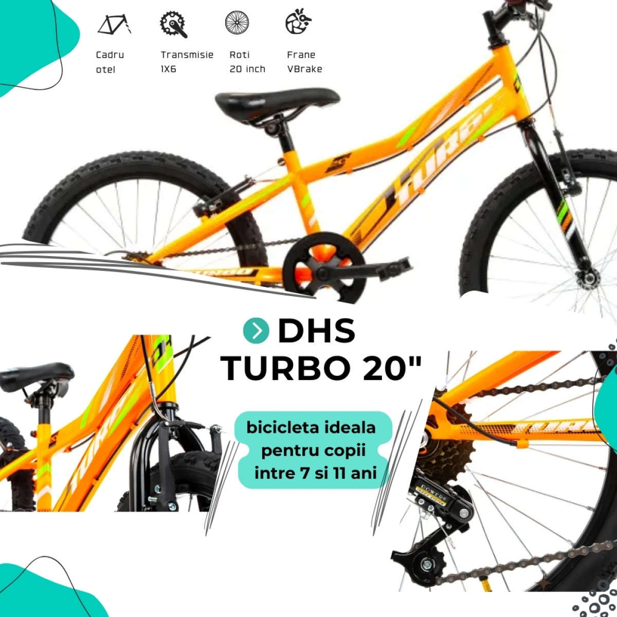 Bicicleta Copii DHS Turbo - 20 Inch, Portocaliu - imagine 4